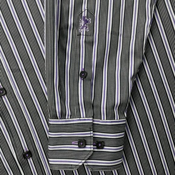 Bugatchi Uomo Mens Striped Long Sleeve Button Up Black Purple Shirt-L - Picture 6 of 12